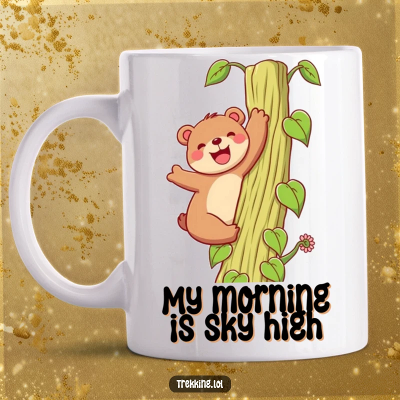 Funny Mug: A happy bear enthusiastically climbs a towering beanstalk with a grin, embodying joyful adventure and aspiration for a great gift.