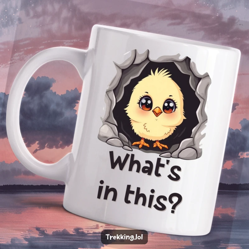 Funny curious chick with wide eyes, peeking into a dark cave, printed on a mug for a humorous and adventurous feel.