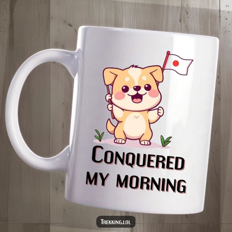 Funny dog mug, determined canine hero triumphantly plants a miniature flag on a peak, celebrating an achievement with a happy expression.