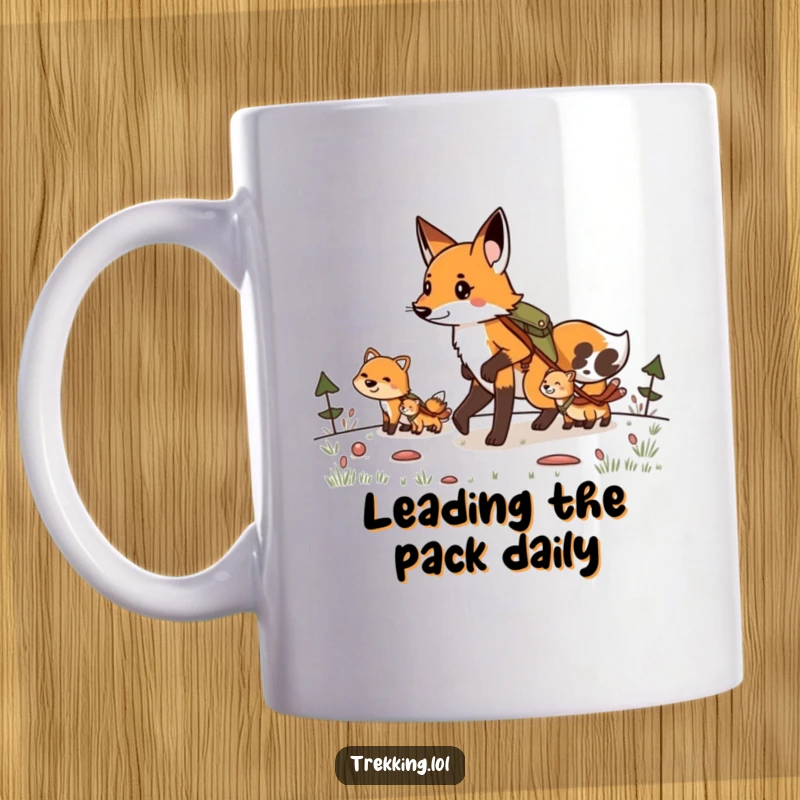 Funny mug featuring a determined fox leading smaller animals on a hilarious hiking adventure, showcasing teamwork and fun.