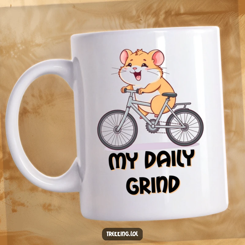 Funny Mug featuring a giggling hamster struggling to pedal a tiny bicycle uphill with immense effort, conveying relatable perseverance and humor.