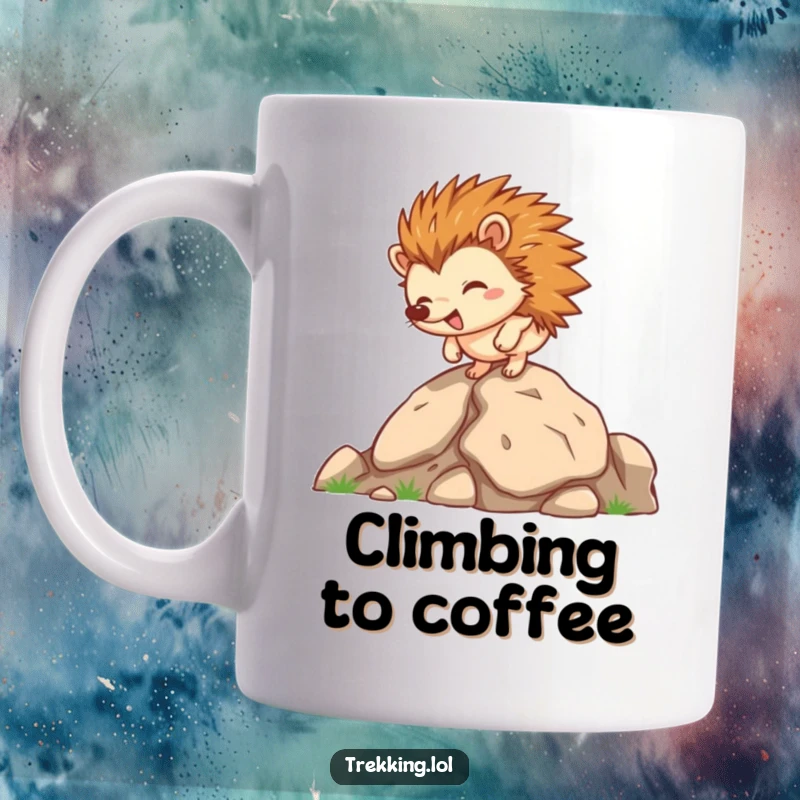 Funny hedgehog mug, a happy hedgehog character energetically scampers up a steep rocky incline with determination.