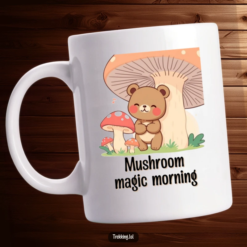 Funny giggling bear looking lost but happy amidst giant colorful mushrooms, a whimsical forest scene.