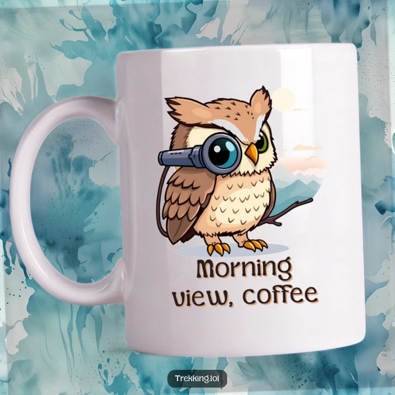 Funny curious owl peeking through binoculars at a distant peak, on a coffee mug, conveying keen observation.