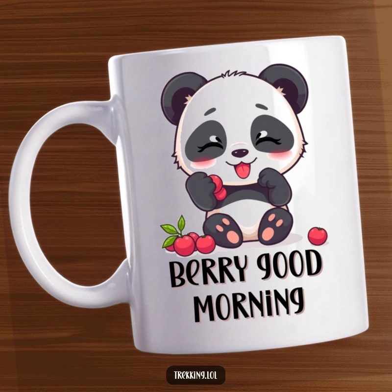 Funny panda mug, a giggling panda character happily eating a pile of juicy berries with delight.