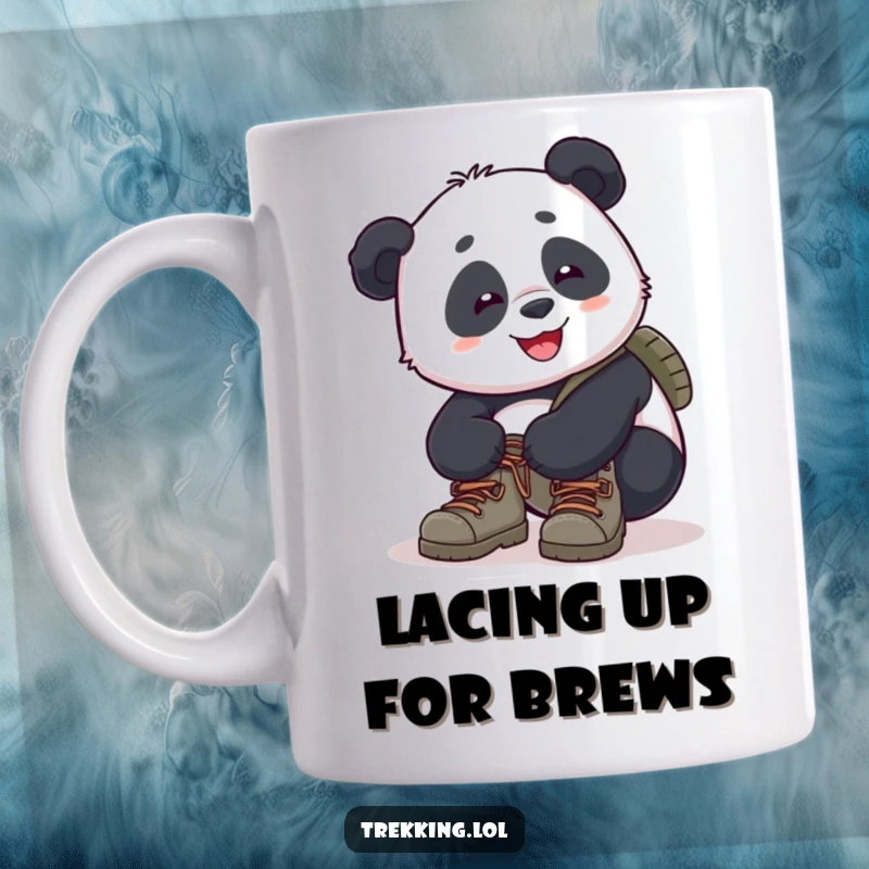 Funny panda mug showing a smiling panda struggling good-naturedly to tie its hiking boot laces, ready for adventure.