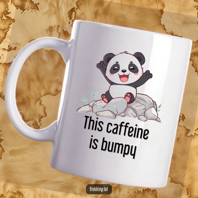 Funny mug with an enthusiastic panda joyfully navigating a challenging rocky path, symbolizing perseverance.