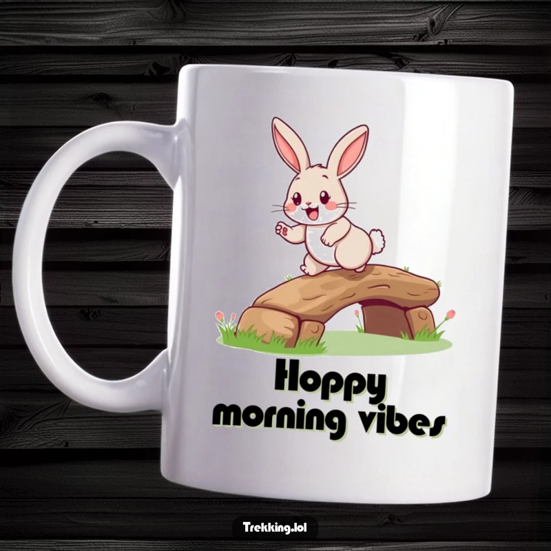 Funny rabbit log bridge mug featuring a happy rabbit with a grin, joyfully hopping over a tiny log bridge, embodying playful charm.