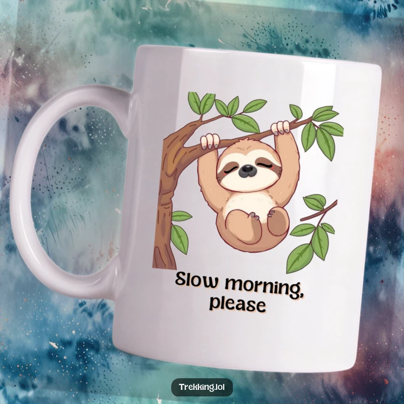 Funny mug showing a peaceful sloth hanging from a branch, enjoying a serene view with ultimate relaxation.