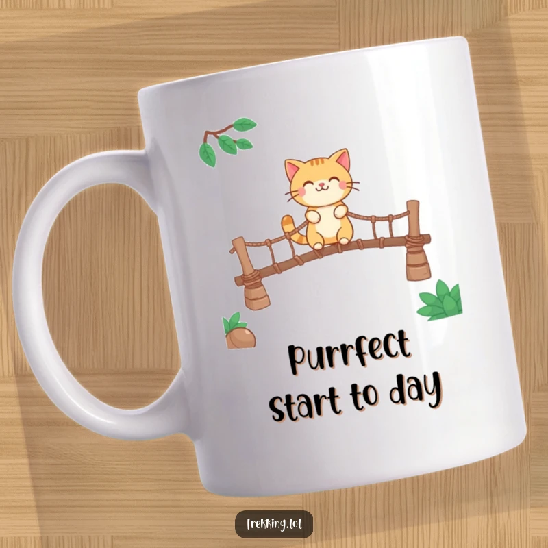 Funny mug with a smiling cat character happily crossing a precarious rickety rope bridge, symbolizing courage and feline fun.