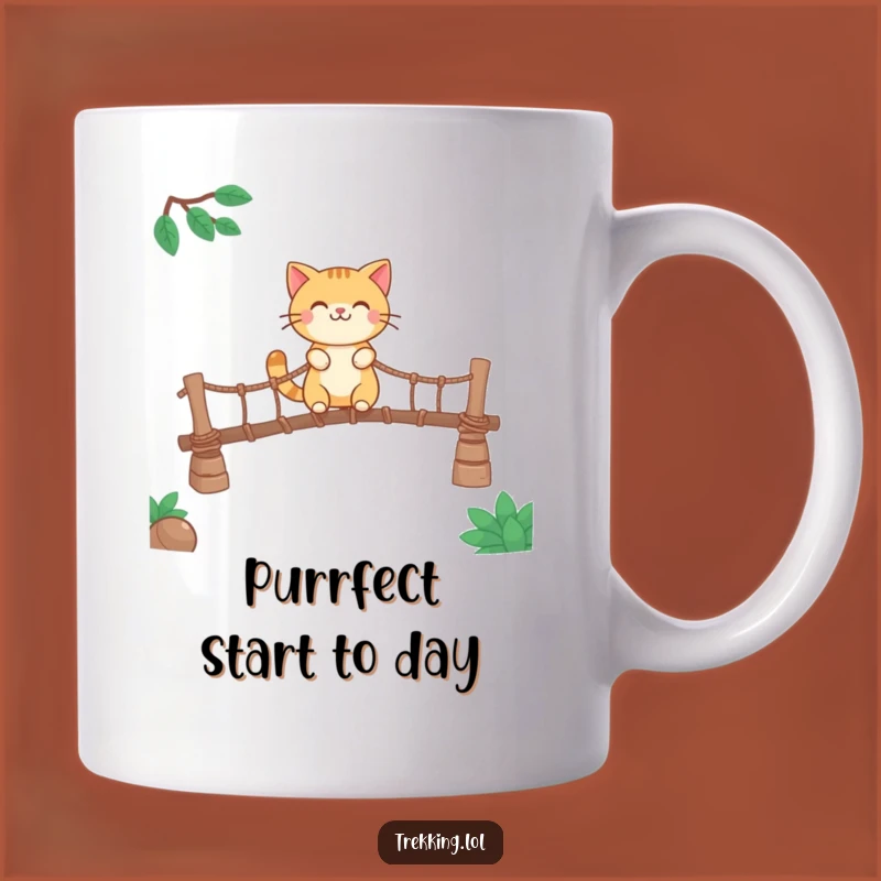 Funny Smiling Cat Mug: Adventurous Bridge Crossing Humor Gift