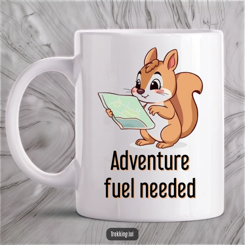 Funny mug showing a curious squirrel pointing at a map with a determined expression, planning an epic adventure.