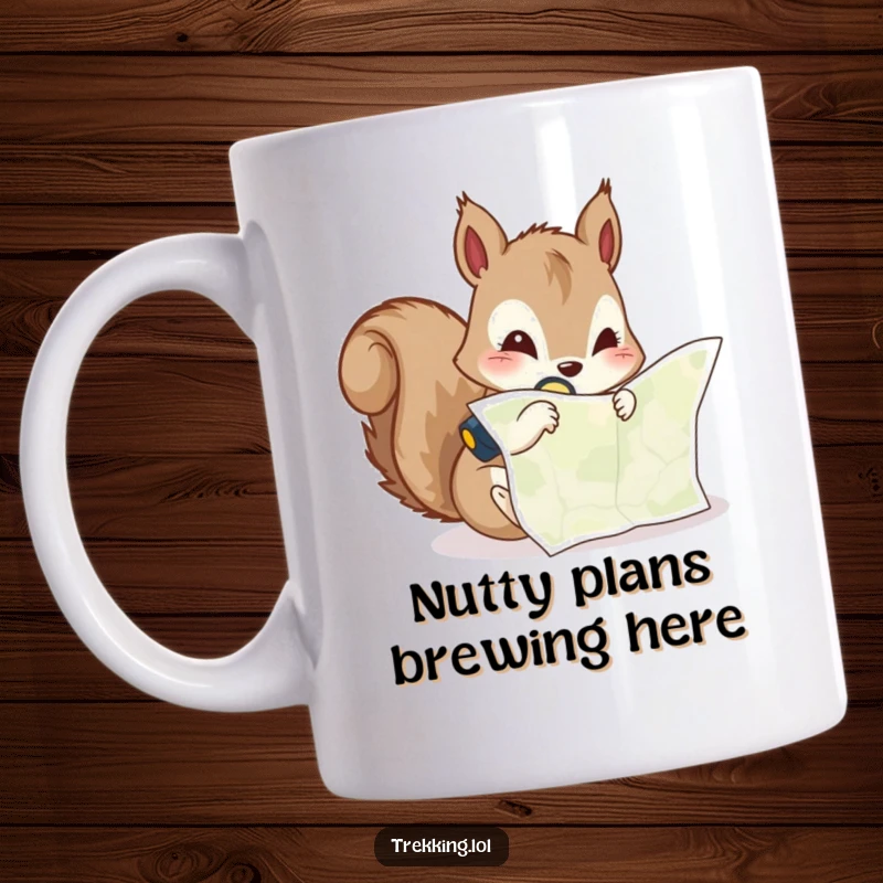 Funny mug featuring a curious squirrel peering intently at a map with a headlamp, embodying a determined explorer.