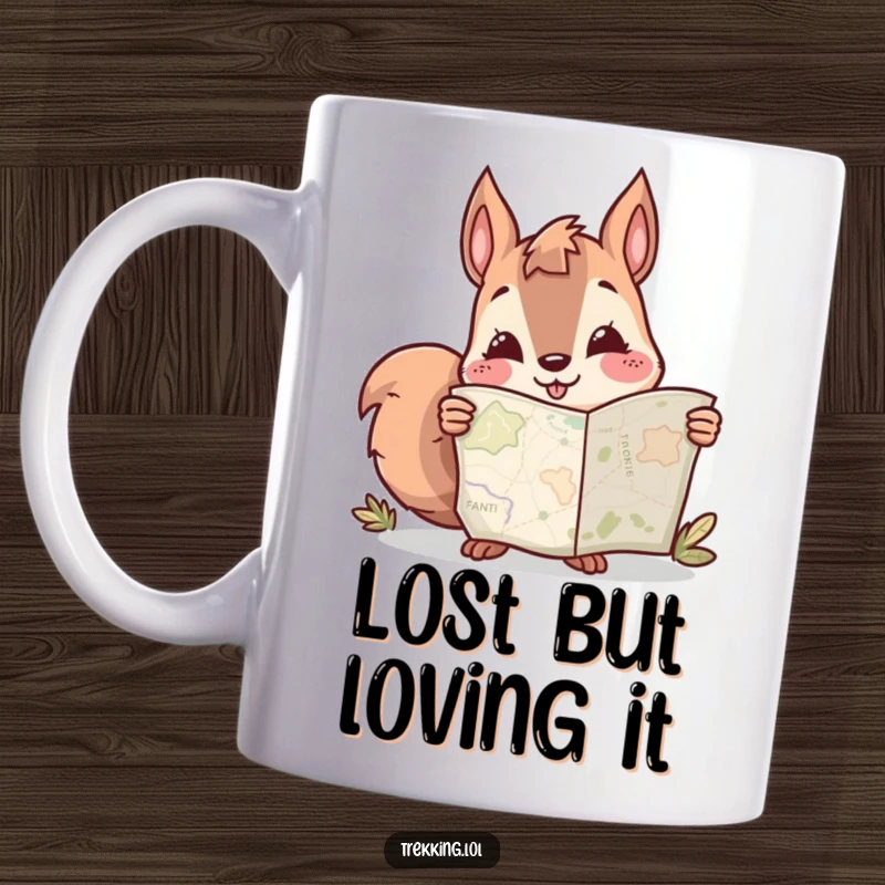 Funny mug featuring a smiling squirrel character studying a map with intense curiosity, ready for an adventure.