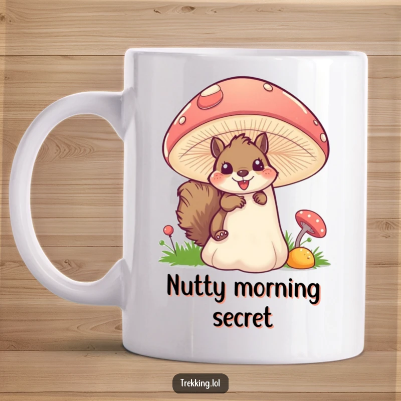 Funny squirrel mushroom mug featuring a fluffy squirrel peering excitedly from behind a large, colorful mushroom, embodying curiosity and delight.