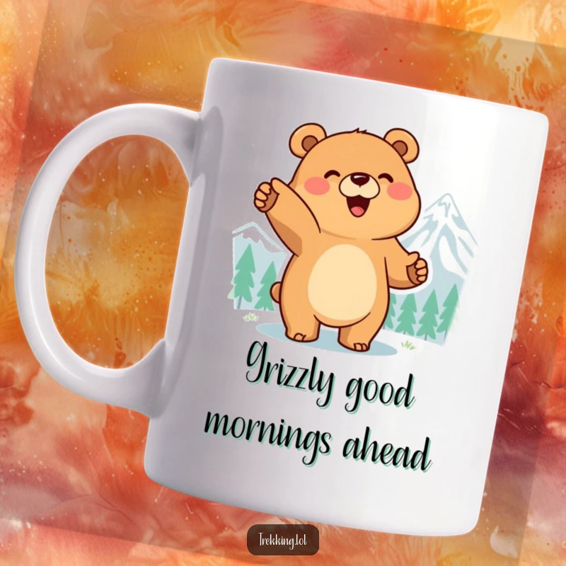 Funny mug featuring a smiling bear excitedly pointing towards a distant mountain peak, embodying awe and aspiration.