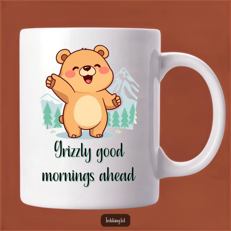 Funny Bear Mountain Peak Mug: Smiling Explorer's Excitement, Perfect Funny Gift