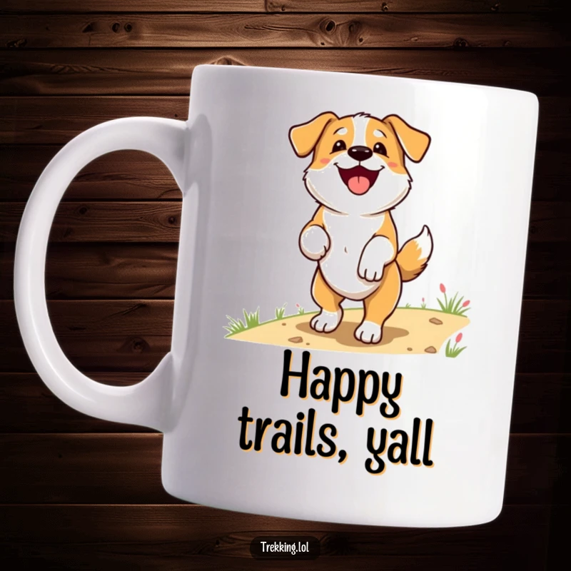 Funny Mug featuring a delighted dog panting happily and wagging its tail while exploring a scenic hiking trail, full of canine joy.