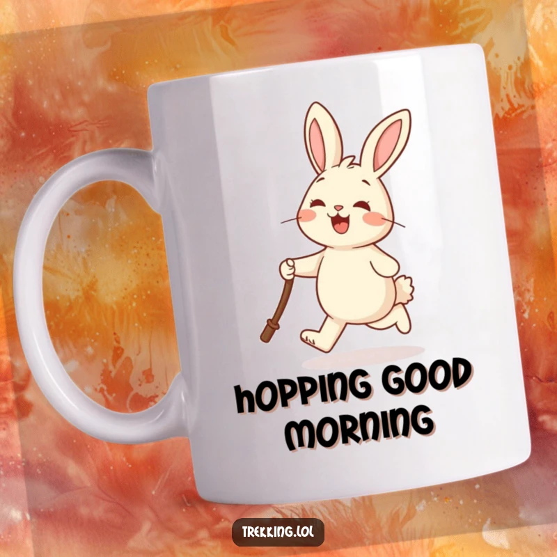 Funny mug featuring a cheerful rabbit joyfully skipping while holding a walking stick, symbolizing happiness and lightheartedness.
