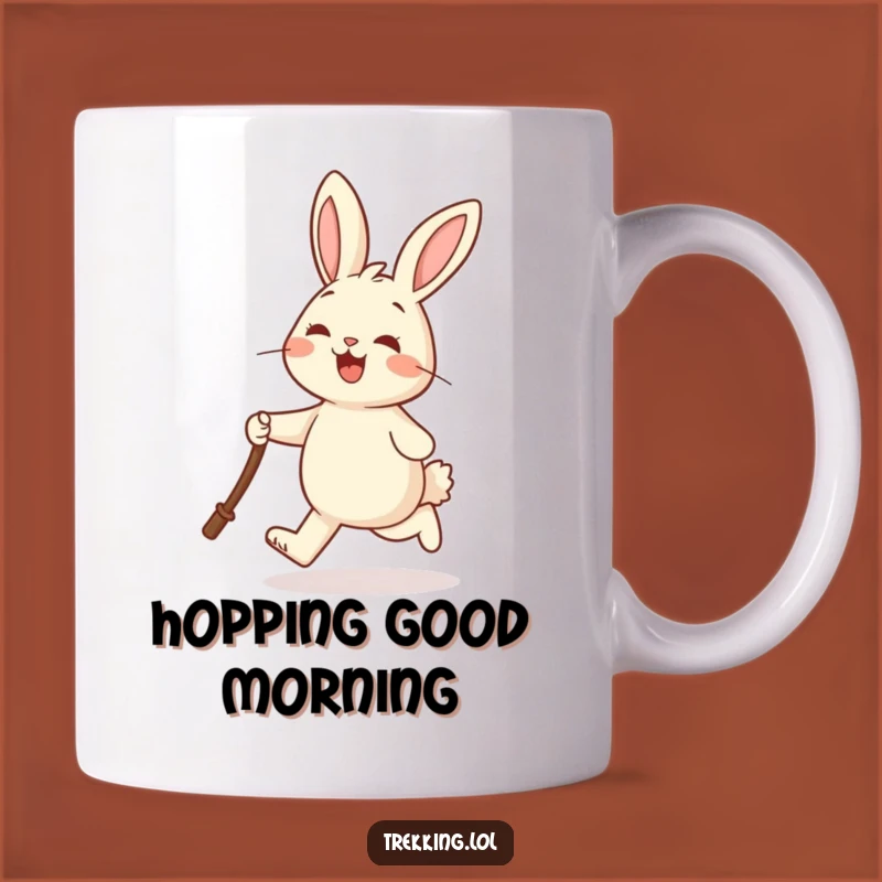 Funny Rabbit Skipping Mug: Cheerful Hopper with Walking Stick Funny Gift