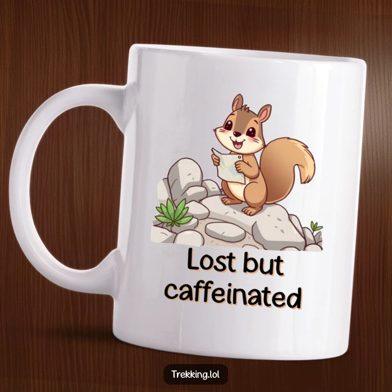 Funny squirrel mug showing a cheerful rodent holding a map, happily navigating a tricky, rocky path with determination.