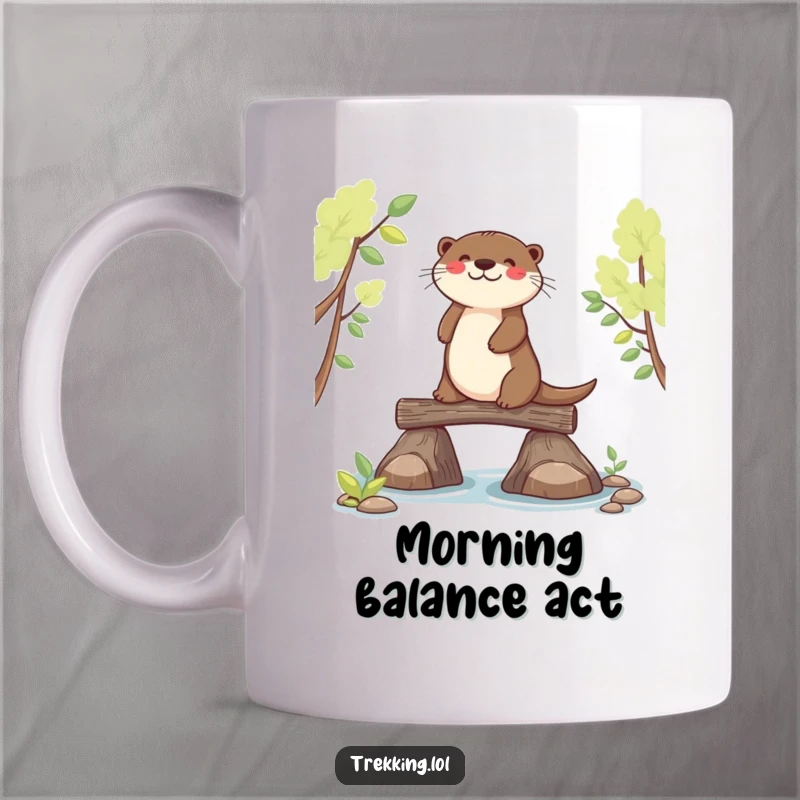 Funny joyful otter skillfully balancing on a narrow log bridge, looking determined and happy, perfect for focus.