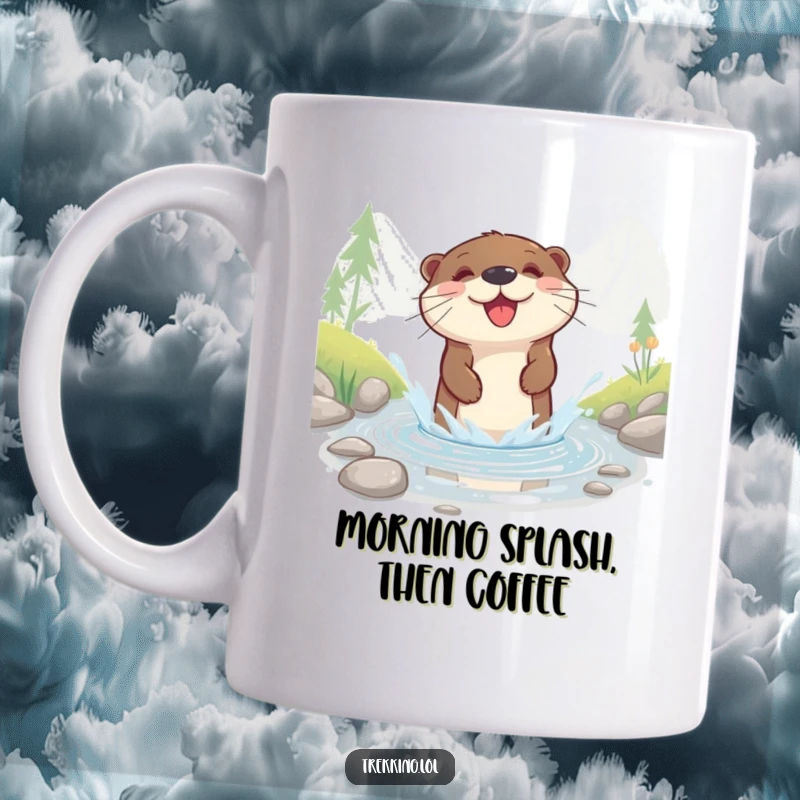 Funny mug showing a happy otter joyfully splashing through a shallow mountain stream, capturing pure delight.