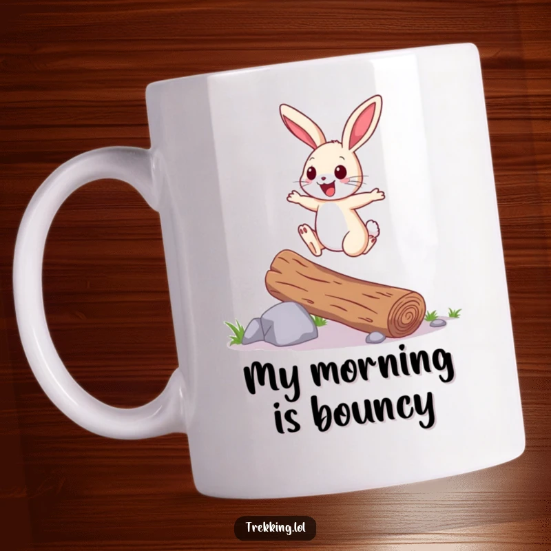Funny Mug: A cheerful bunny hops over a fallen log with joyful energy, embodying happiness and lightheartedness for a delightful gift.