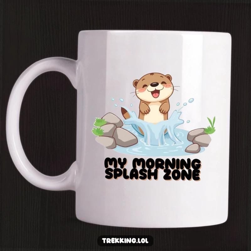 Funny mug featuring a joyful otter splashing in a miniature mountain stream, radiating happiness and playful energy.