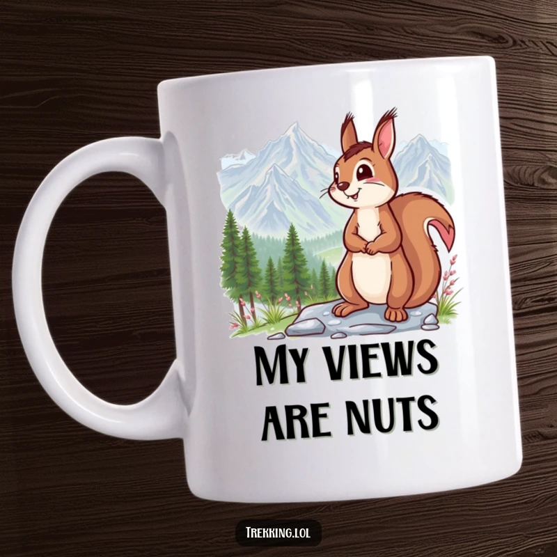 Funny mug featuring a smiling squirrel pausing to admire a breathtaking mountain vista, capturing pure joy and wonder.