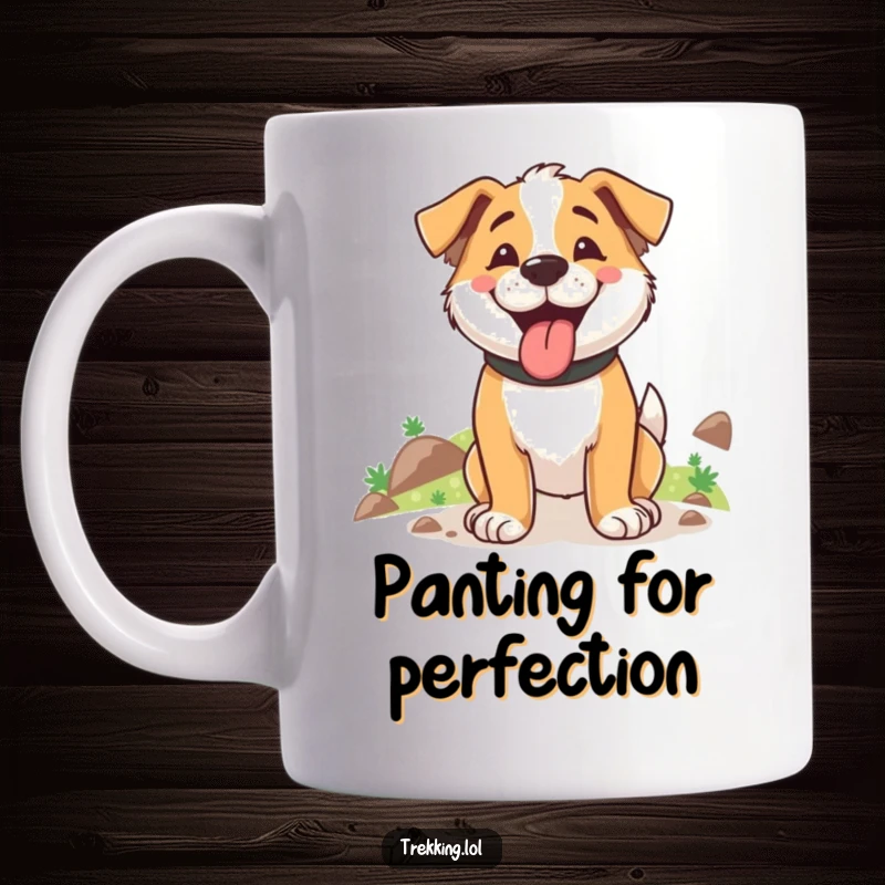 Funny mug featuring a content dog panting happily after a strenuous uphill trek, radiating pure satisfaction.