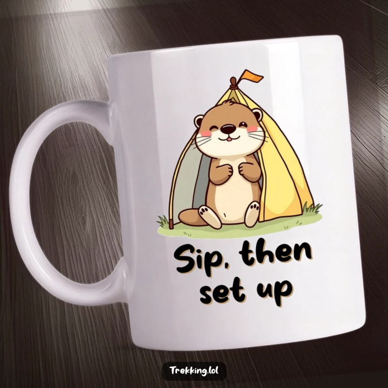 Funny mug featuring a playful otter enthusiastically pitching a tent, symbolizing camping fun and a love for the outdoors.