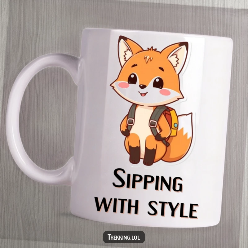 Funny mug with a happy fox wearing a tiny backpack and smiling, ready for an adventure, symbolizing joy and exploration.