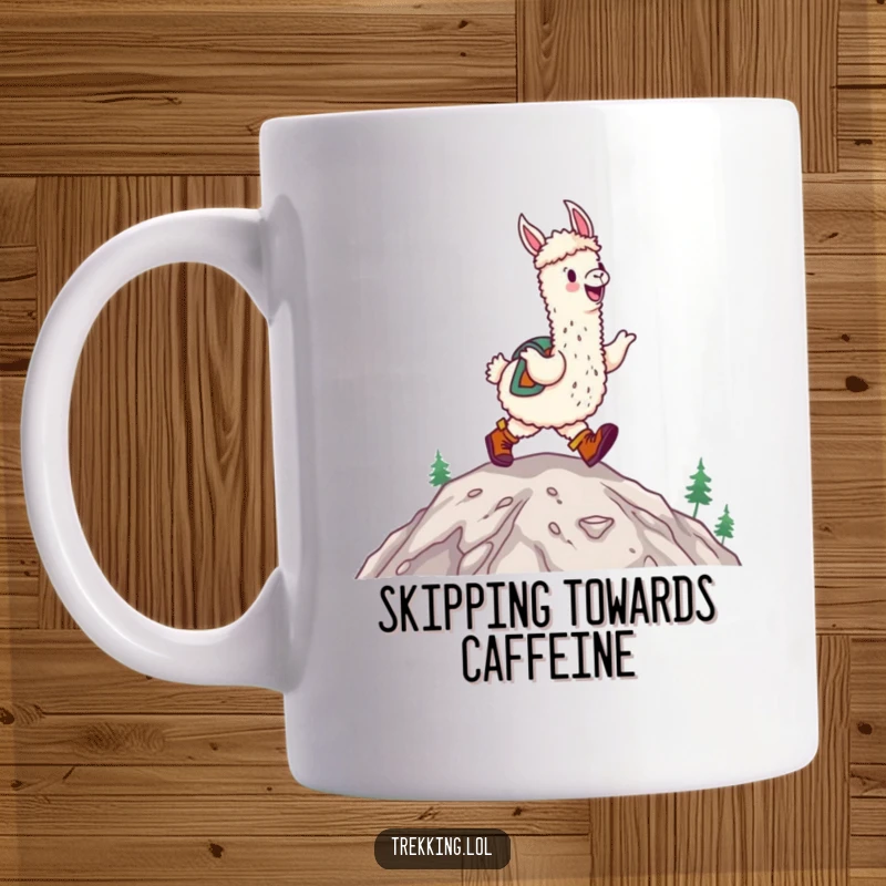 Funny happy alpaca wearing hiking boots, joyfully skipping up a mountain on a mug, cheerful gift.