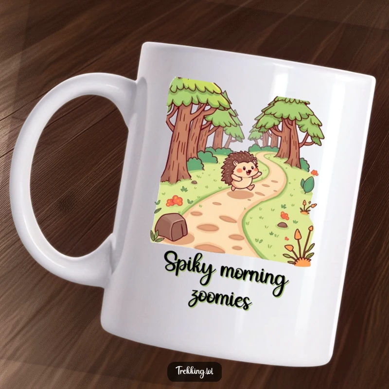 Funny hedgehog mug showing a happy hedgehog bouncing along a winding forest path with great enthusiasm and speed.