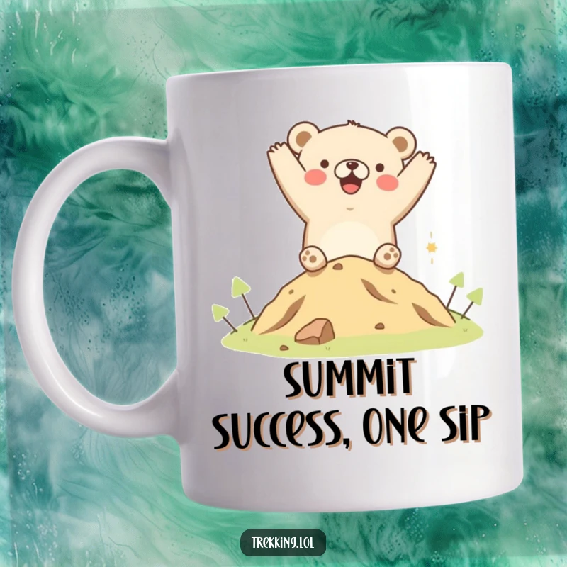 Funny mug of a happy bear cheering triumphantly after reaching the top of a small grassy hill, embodying joy and determination.