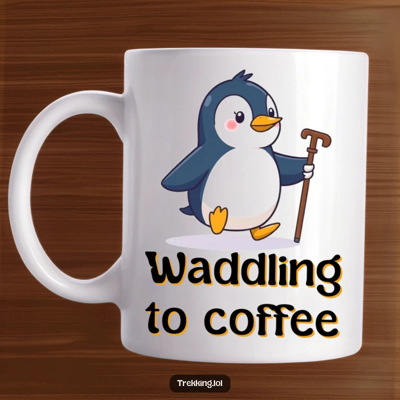 Funny penguin waddling enthusiastically with a walking stick, looking ready for adventure, perfect for travelers.