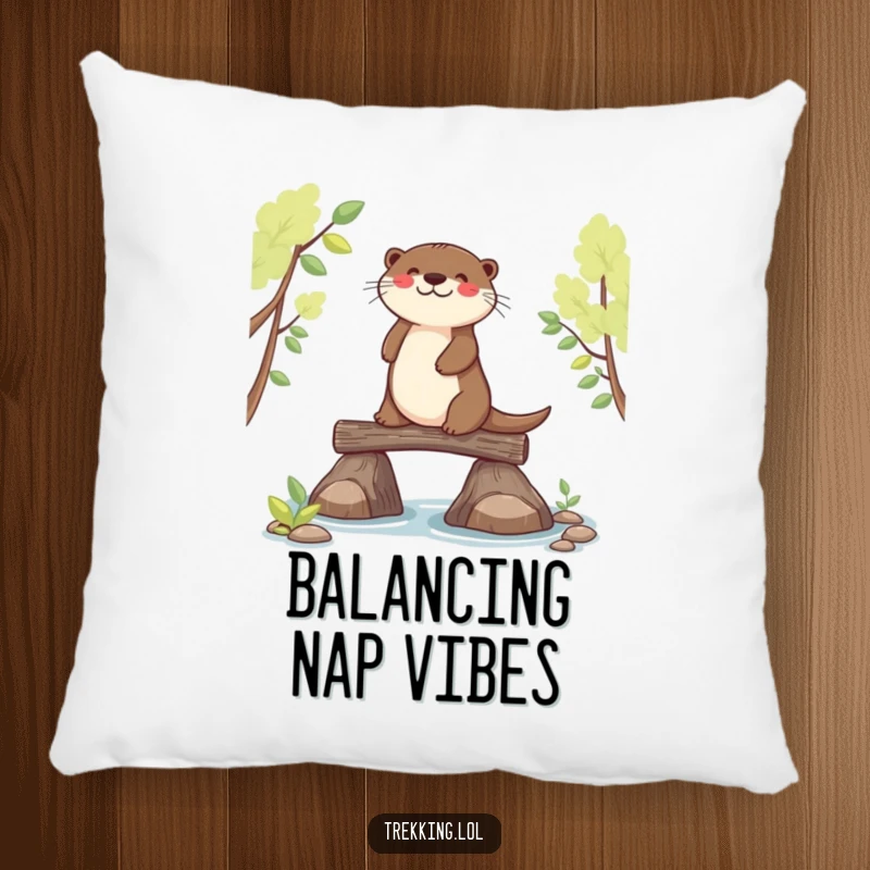 Soft decorative pillow with a funny joyful otter balancing on a log, suitable for sofas and beds.