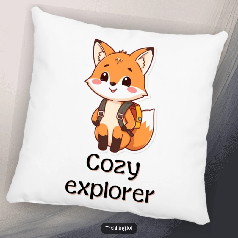 Funny pillow with a happy fox smiling and wearing a tiny backpack, designed for comfort and playful decorative charm.