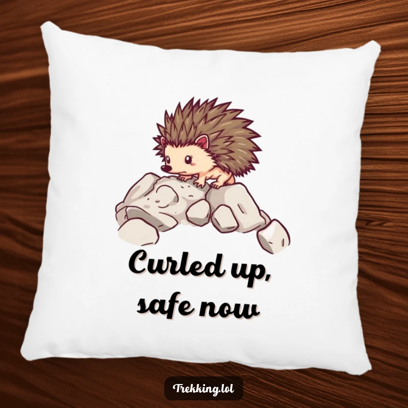 Funny pillow featuring a determined hedgehog carefully navigating over rocky terrain, perfect for comfort and inspiration.
