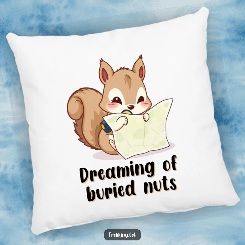 Funny pillow featuring a curious squirrel peering at a map with a headlamp, bringing cozy humor and adventure.