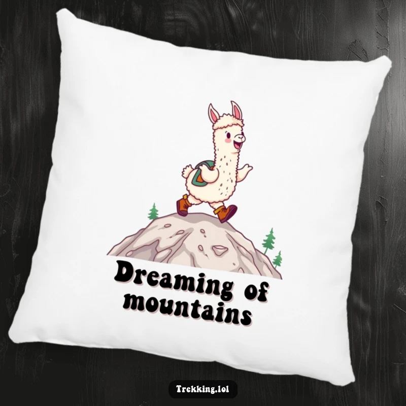 Funny happy alpaca wearing hiking boots, joyfully skipping up a mountain on a pillow, soft and cheerful.