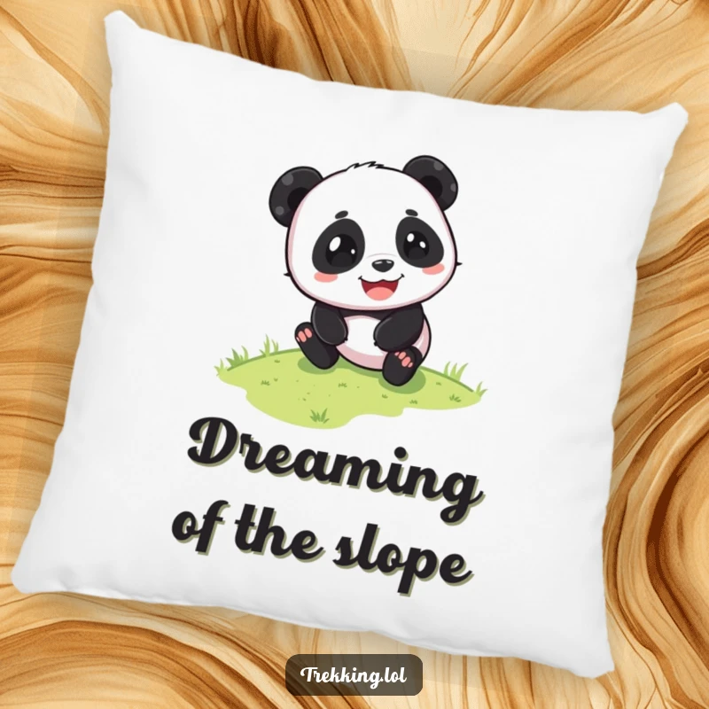 Funny panda pillow depicting a playful panda sliding down a grassy slope with pure glee. Cozy and joyfully fun.