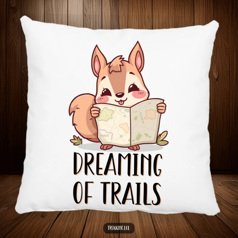 Funny pillow with a smiling squirrel character exploring a map, perfect for adding a touch of humor and comfort.