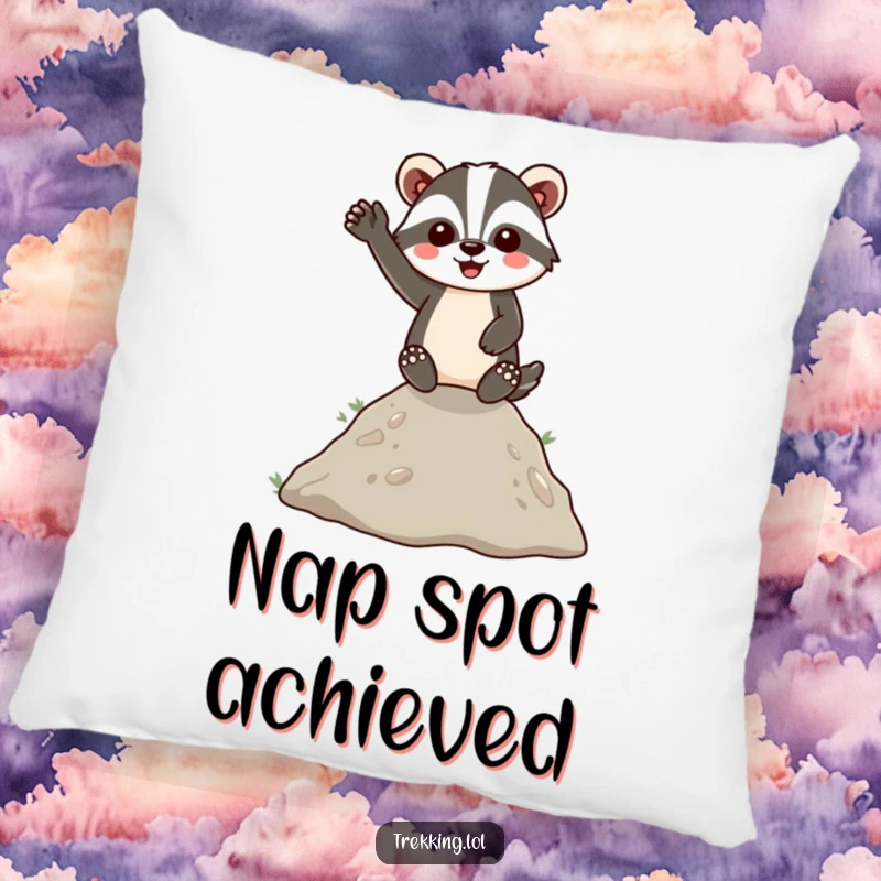Funny Pillow featuring an energetic badger cheerfully waving from a small hill, providing comfort and a humorous touch to any seating area.