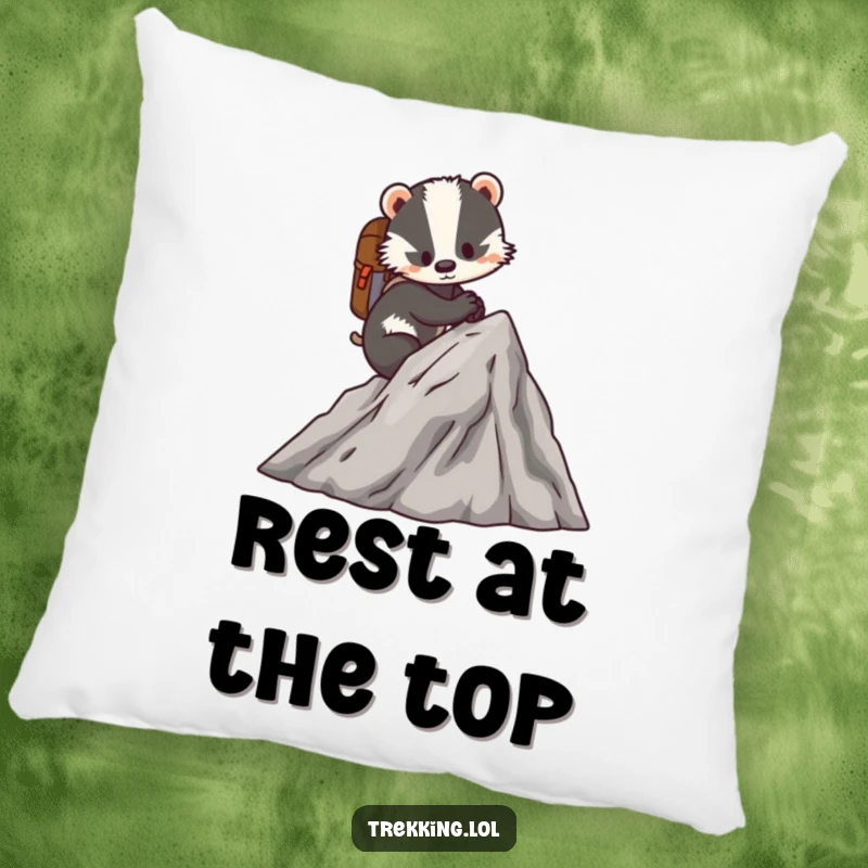 Funny pillow depicting a determined badger scaling a miniature mountain with a tiny backpack, perfect for humorous comfort.
