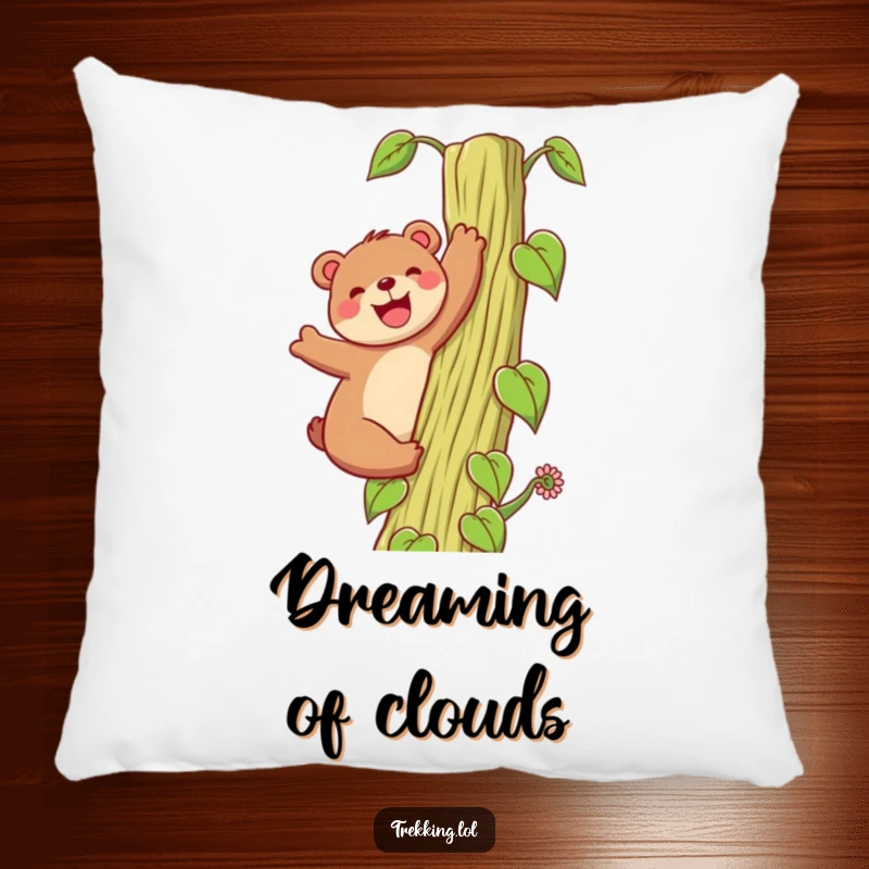 Funny Pillow: A happy bear grins while climbing a towering beanstalk, offering cozy comfort and a spirit of joyful adventure.
