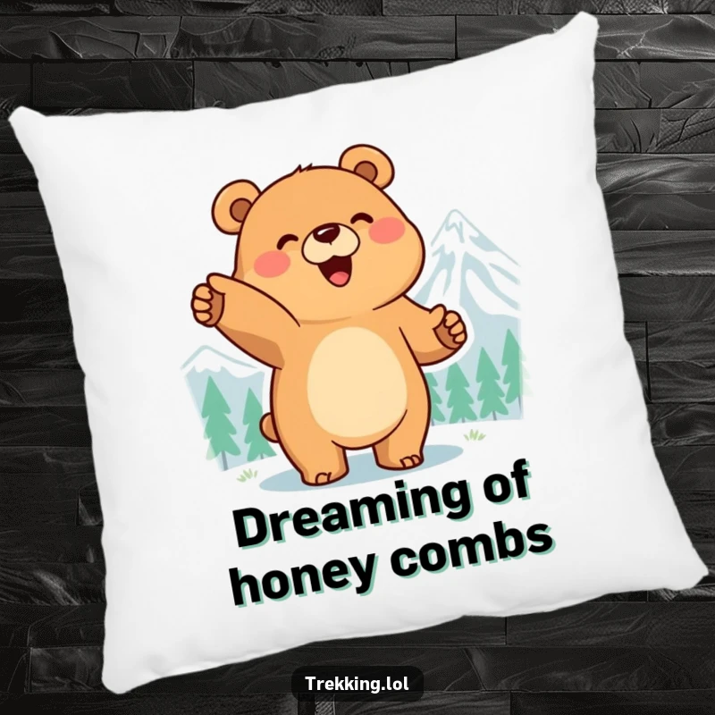 Funny pillow featuring a smiling bear pointing excitedly at a distant mountain peak, bringing cozy humor to any room.