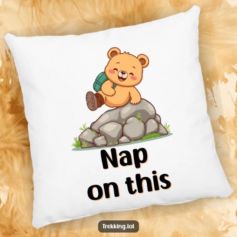 Funny bear hiking pillow featuring a cheerful bear in hiking boots climbing a mossy rock, adding a humorous touch to seating.