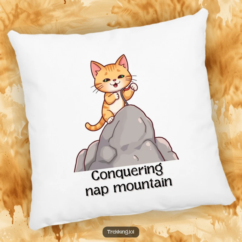 Funny decorative pillow featuring a determined cat using a miniature grappling hook to climb a rock, adding charm.